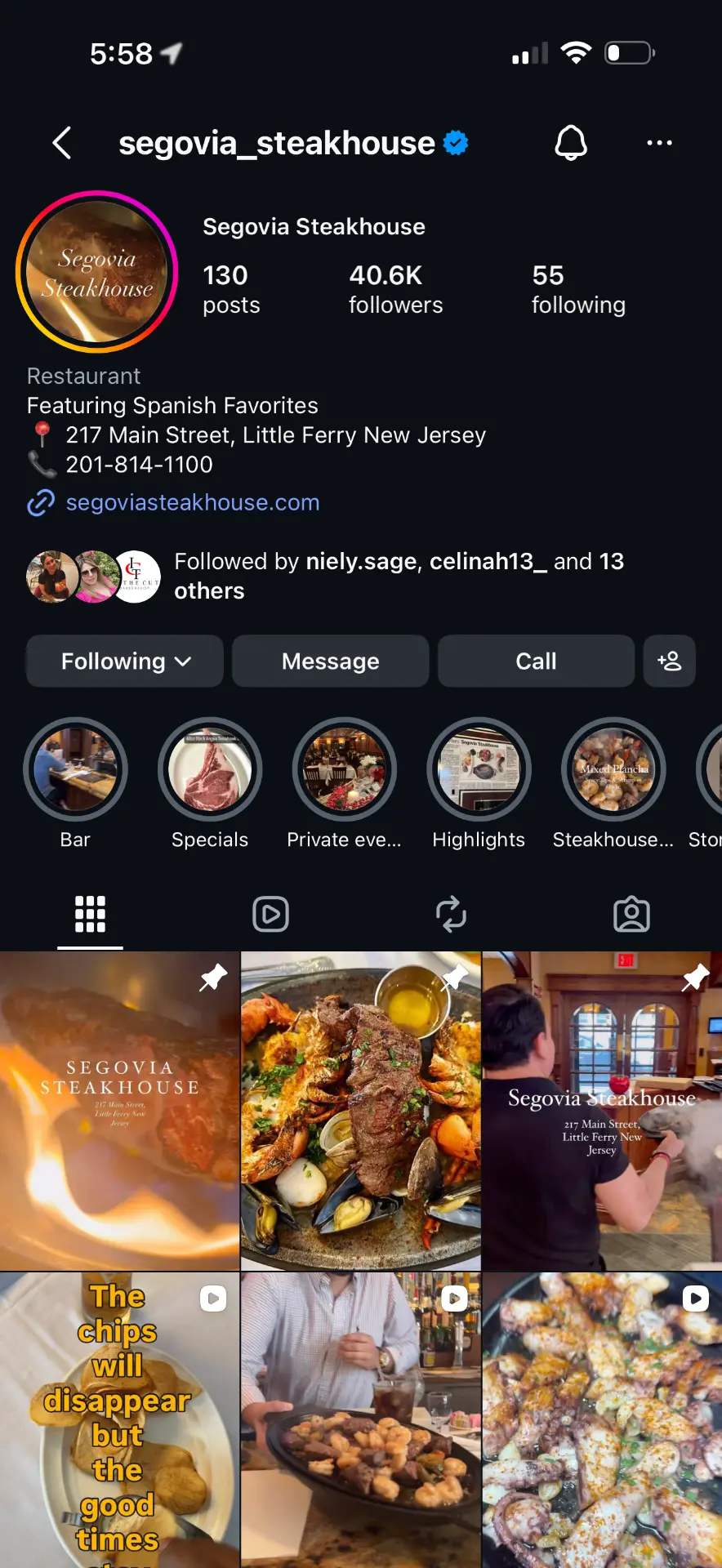 Segovia Steakhouse Instagram profile